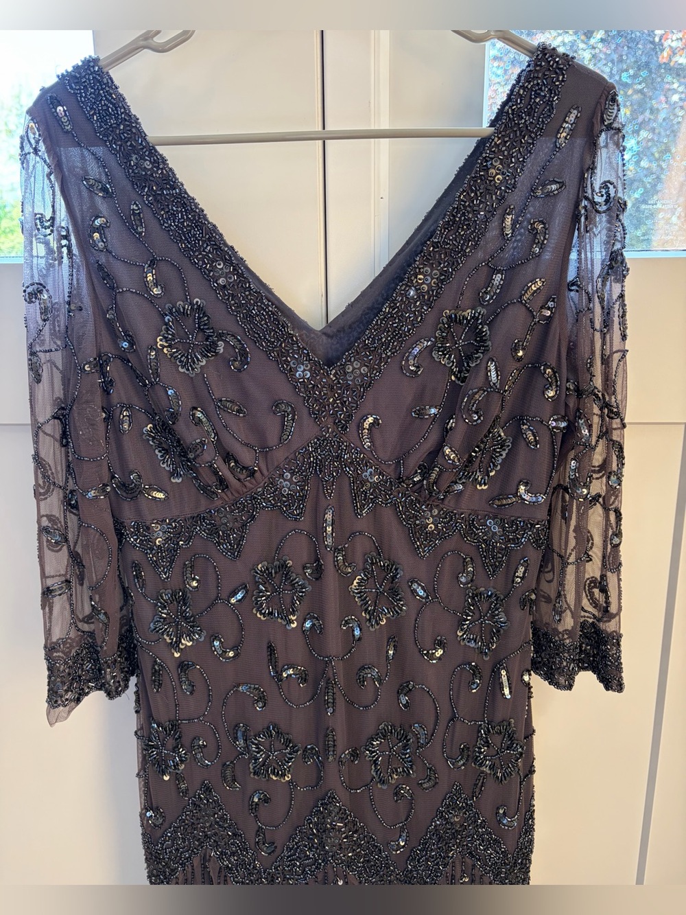 Pisarro Nights Gray Beaded V-Neck Evening Gown Formal size 16 - Picture 5 of 12